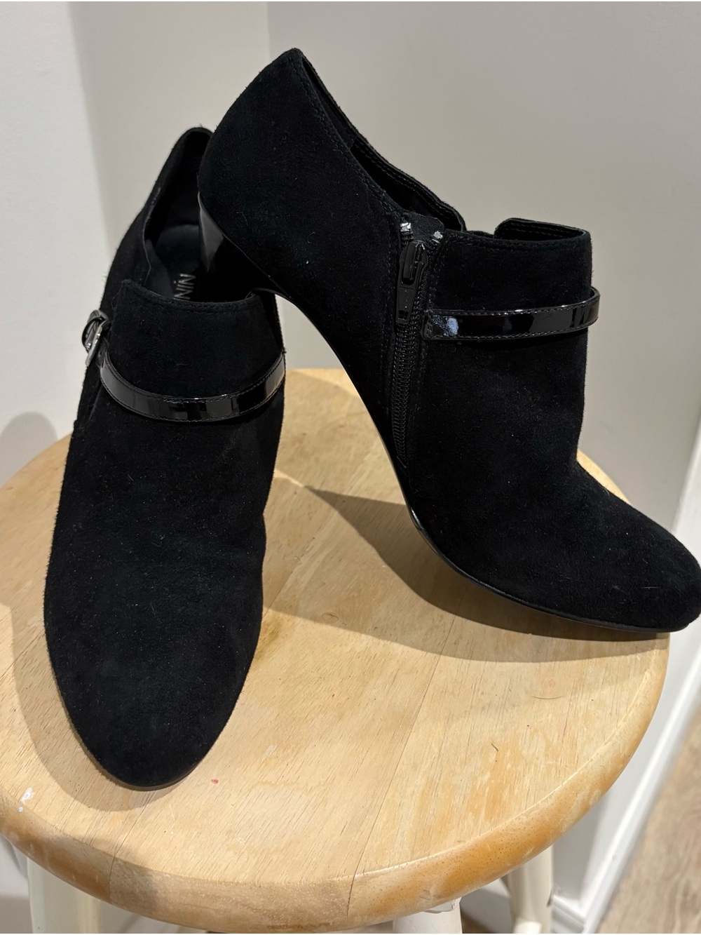 Nine West Black Suede Ankle Booties with Patent Strap
